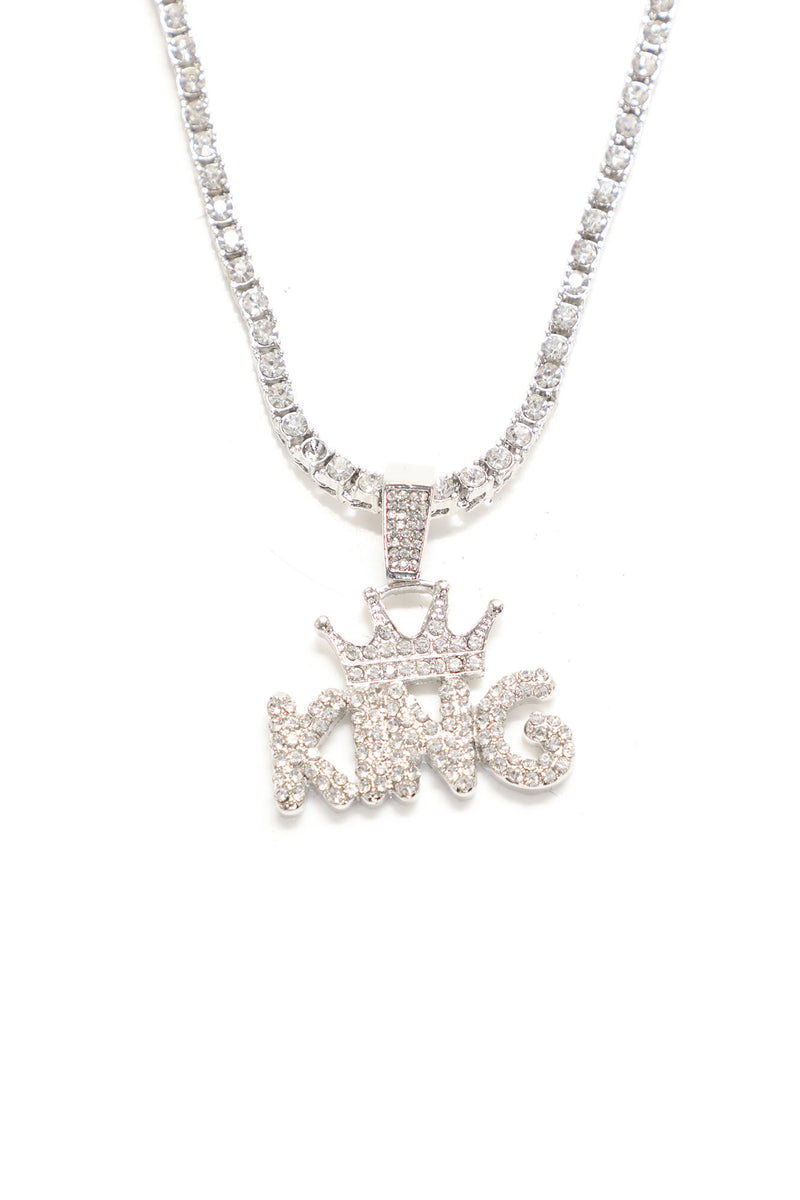 Iced Out King Pendant With Stud Earring Set Silver Fashion Nova