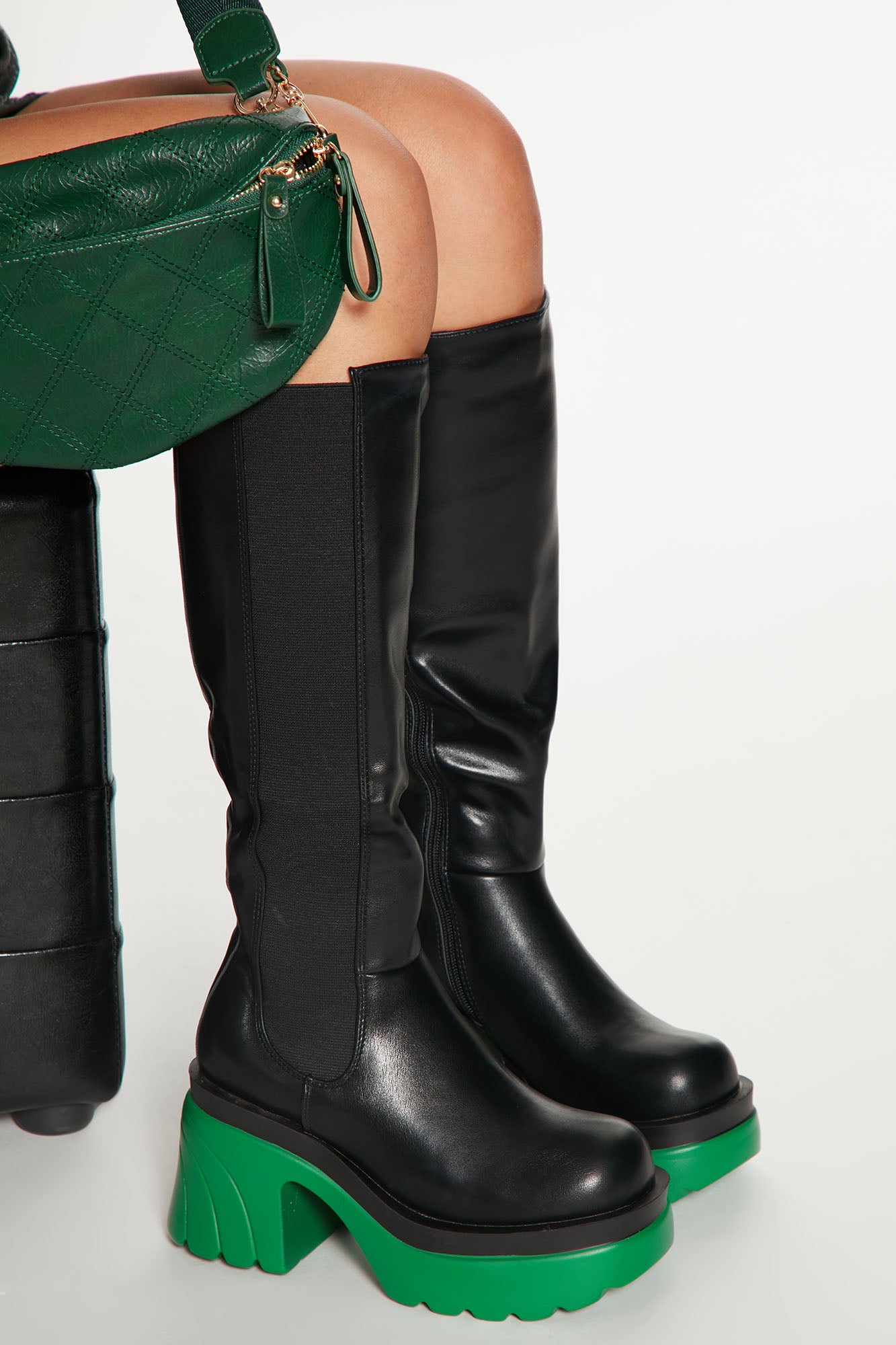 Only Good Energy Knee High Boots Black Green Fashion Nova