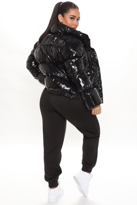 Wet look black puffer jacket outlet