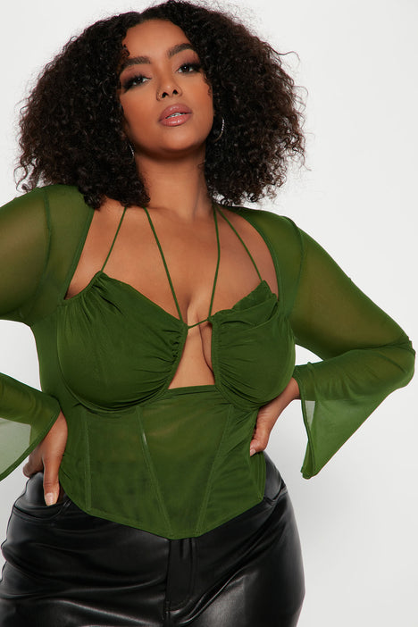 Melanie Mesh Corset Top Olive Fashion Nova Knit Tops