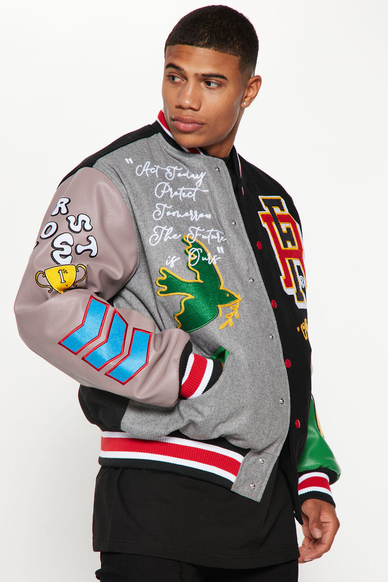Bright Future Colorblock Varsity Jacket With Faux Leather Sleeves