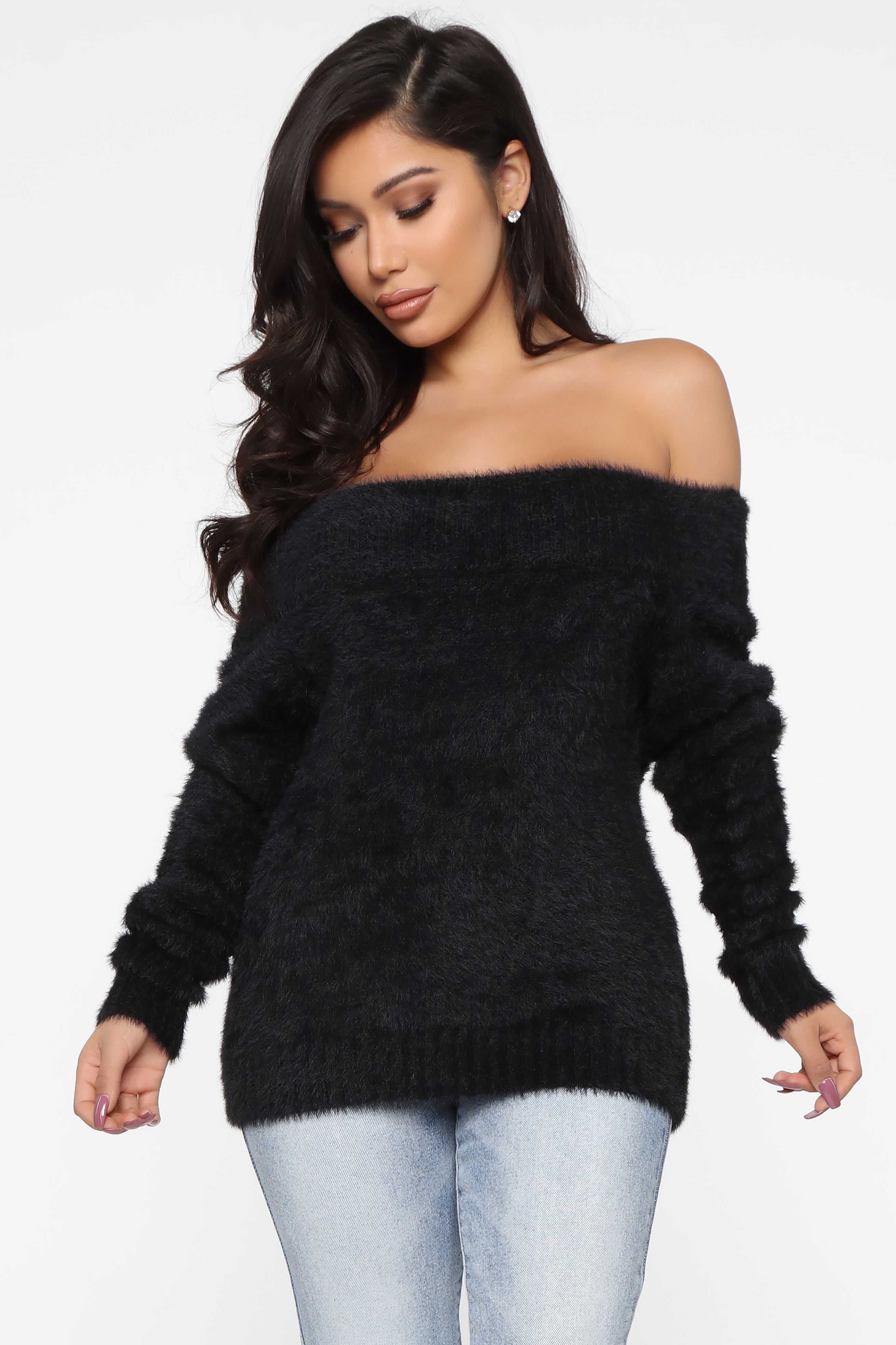 Fuzzy off shoulder hotsell sweater
