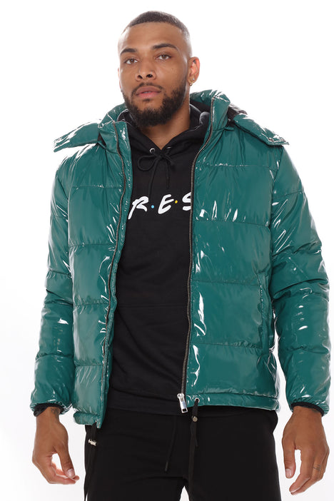 Green shiny puffer sales jacket