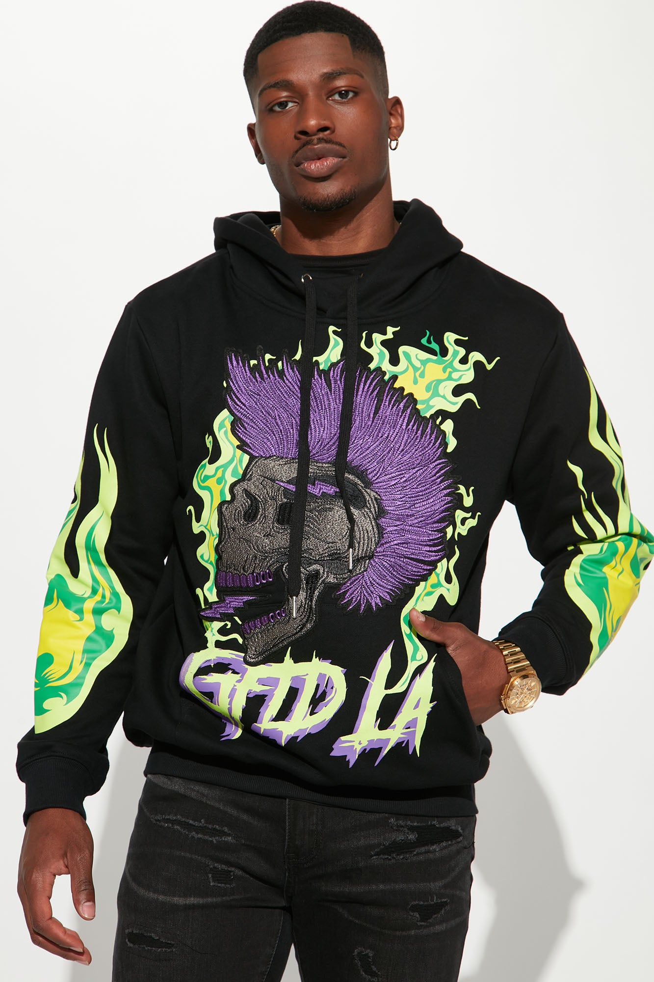 Mohawk On Fire Hoodie Black Fashion Nova Mens Fleece Tops