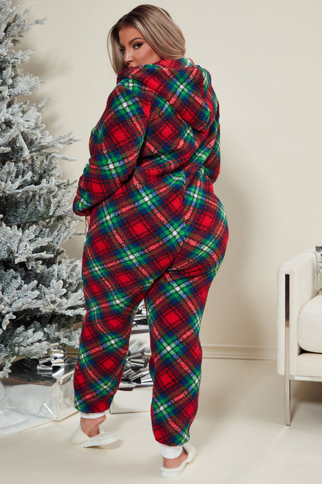 Cuddle By The Fireplace PJ Plush Jumpsuit Onesie Red combo