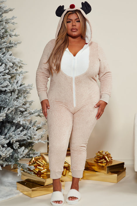 Reindeer Vibes Holiday PJ Jumpsuit Onesie Tan Fashion Nova