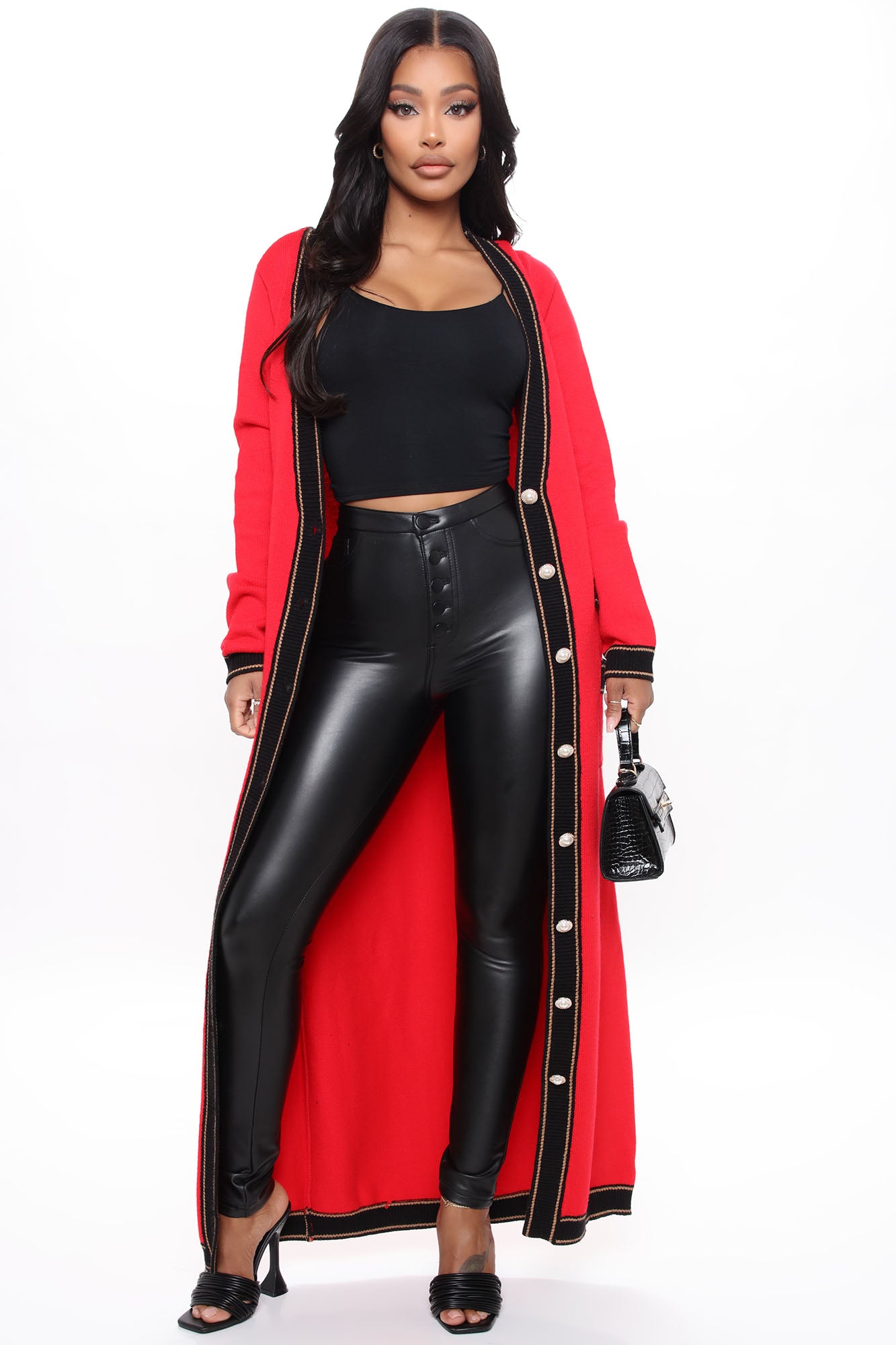 Long red online duster cardigan