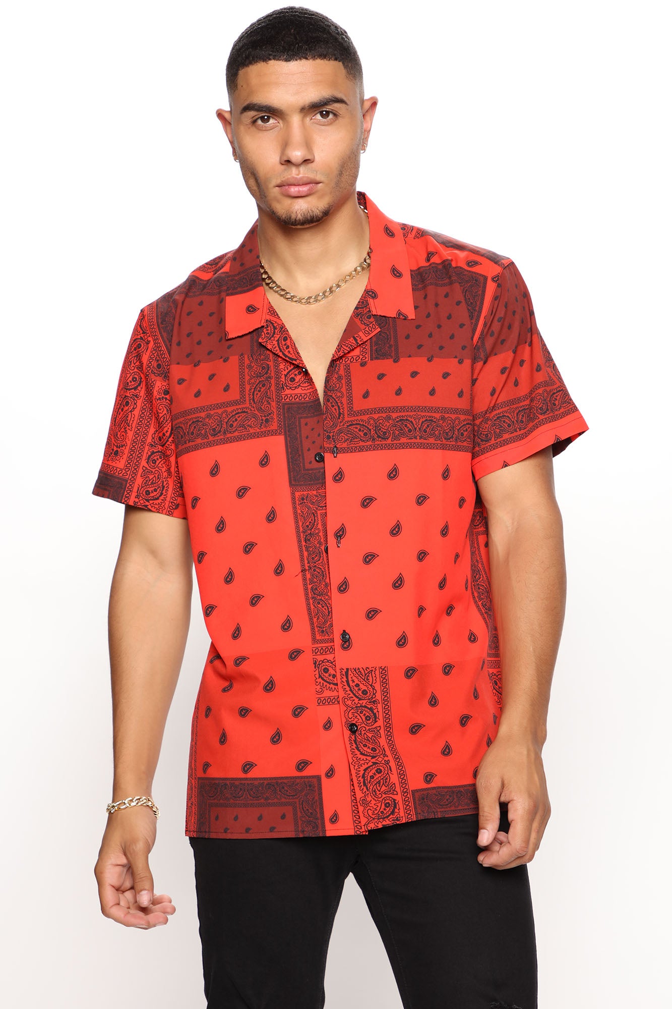 Bandana Patchwork Short Sleeve Woven Top - Red/Black, Fashion Nova, Mens  Shirts