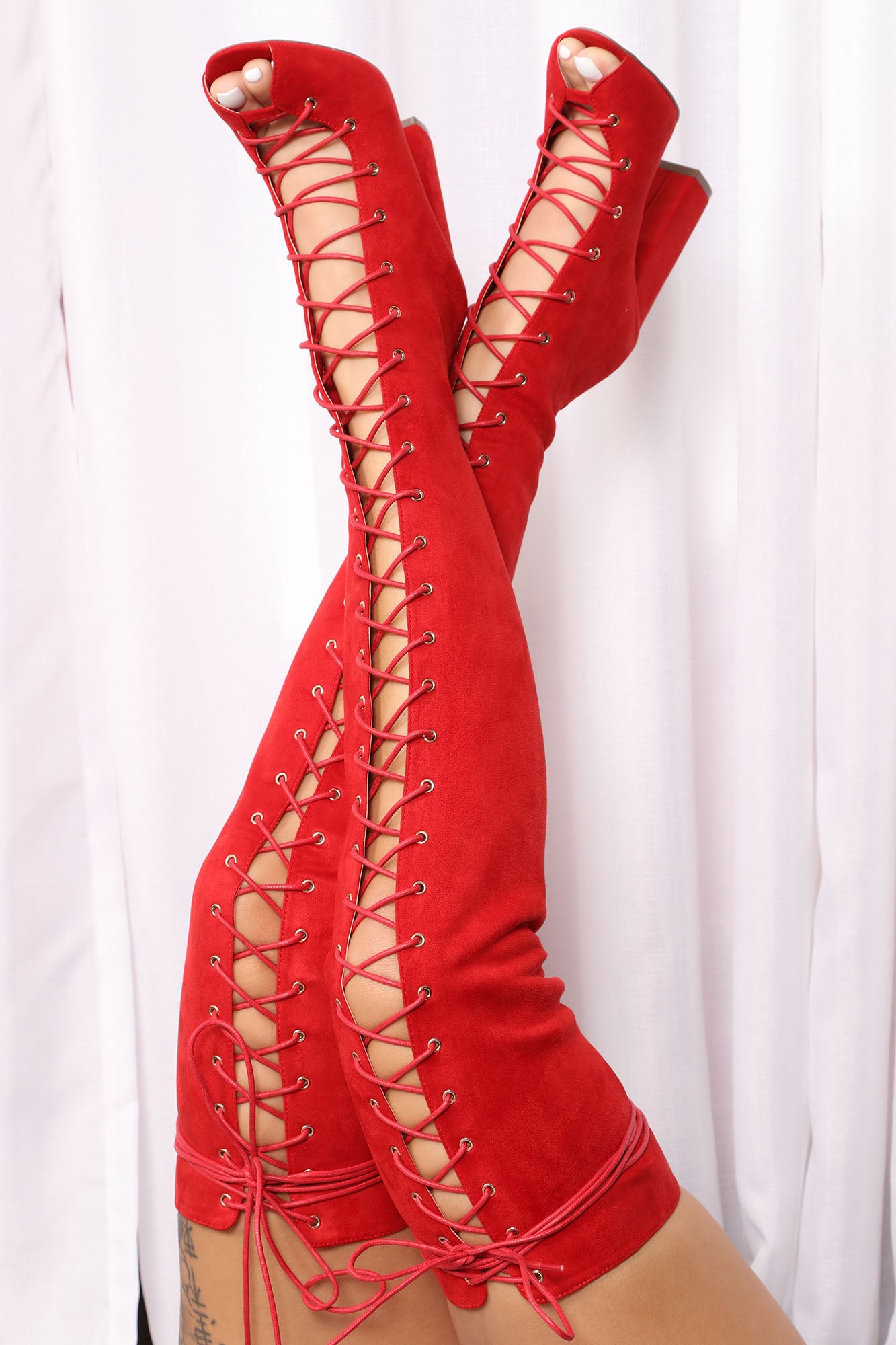 Red lace hotsell thigh high boots