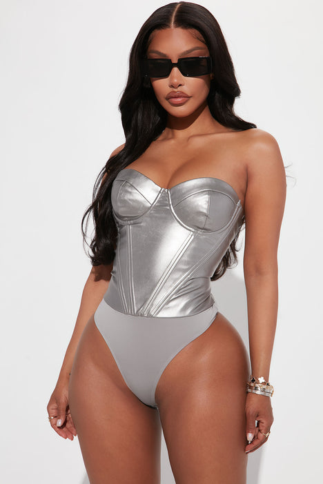 Valentina Metallic PU Corset Bodysuit Silver
