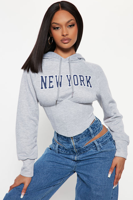 Women's New York Corset Hoodie in Heather Grey Size Medium by Fashion Nova