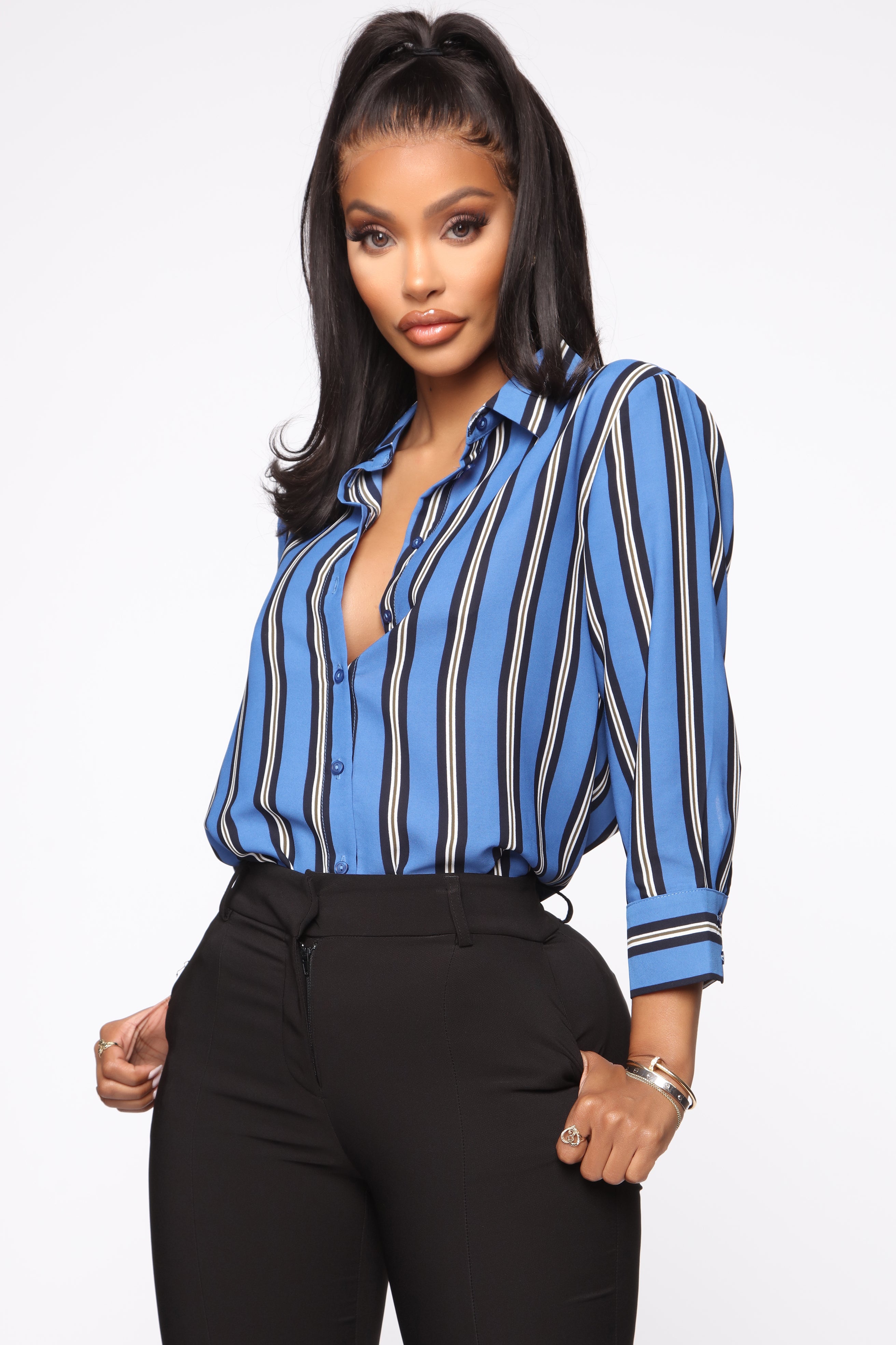 Blue and white striped button down shirt clearance