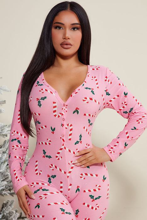 Candy Cane Kisses PJ Jumpsuit Onesie Pink combo Fashion Nova