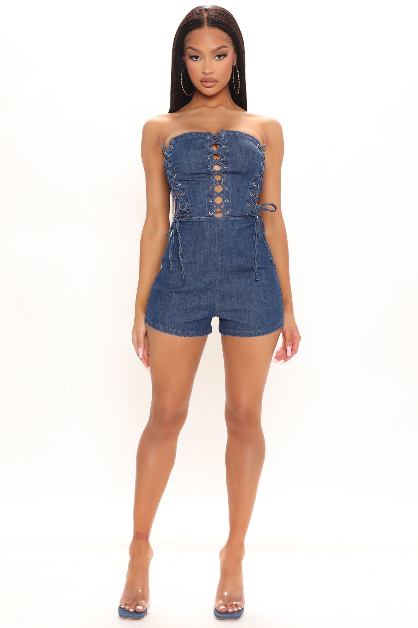 Lace Me Up Denim Romper Dark Wash Fashion Nova Rompers