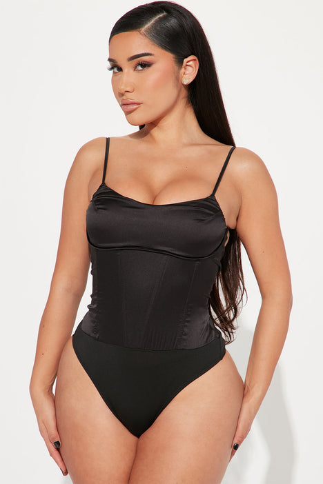 Black satin corset bodysuit store