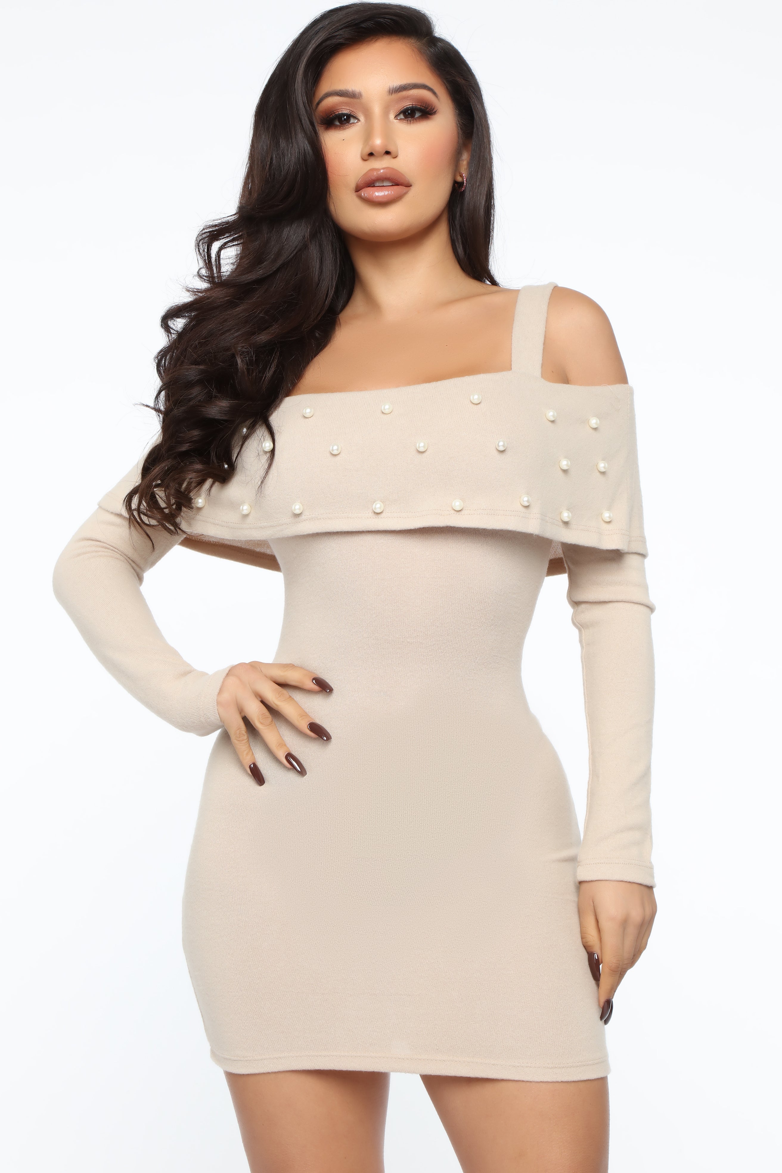 Fancy Feel Cold Shoulder Mini Dress Latte