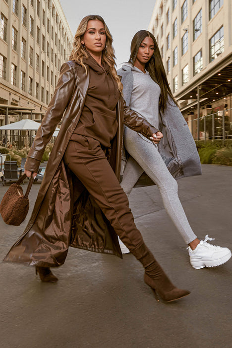 dark brown trench coat outfit