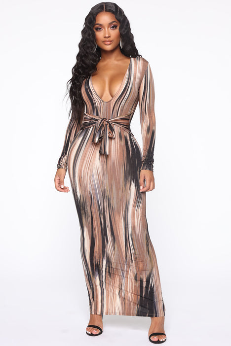 Mind Of My Own Maxi Dress Brown combo Fashion Nova Dresses