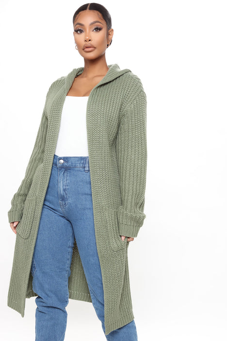 Long green hooded cardigan outlet