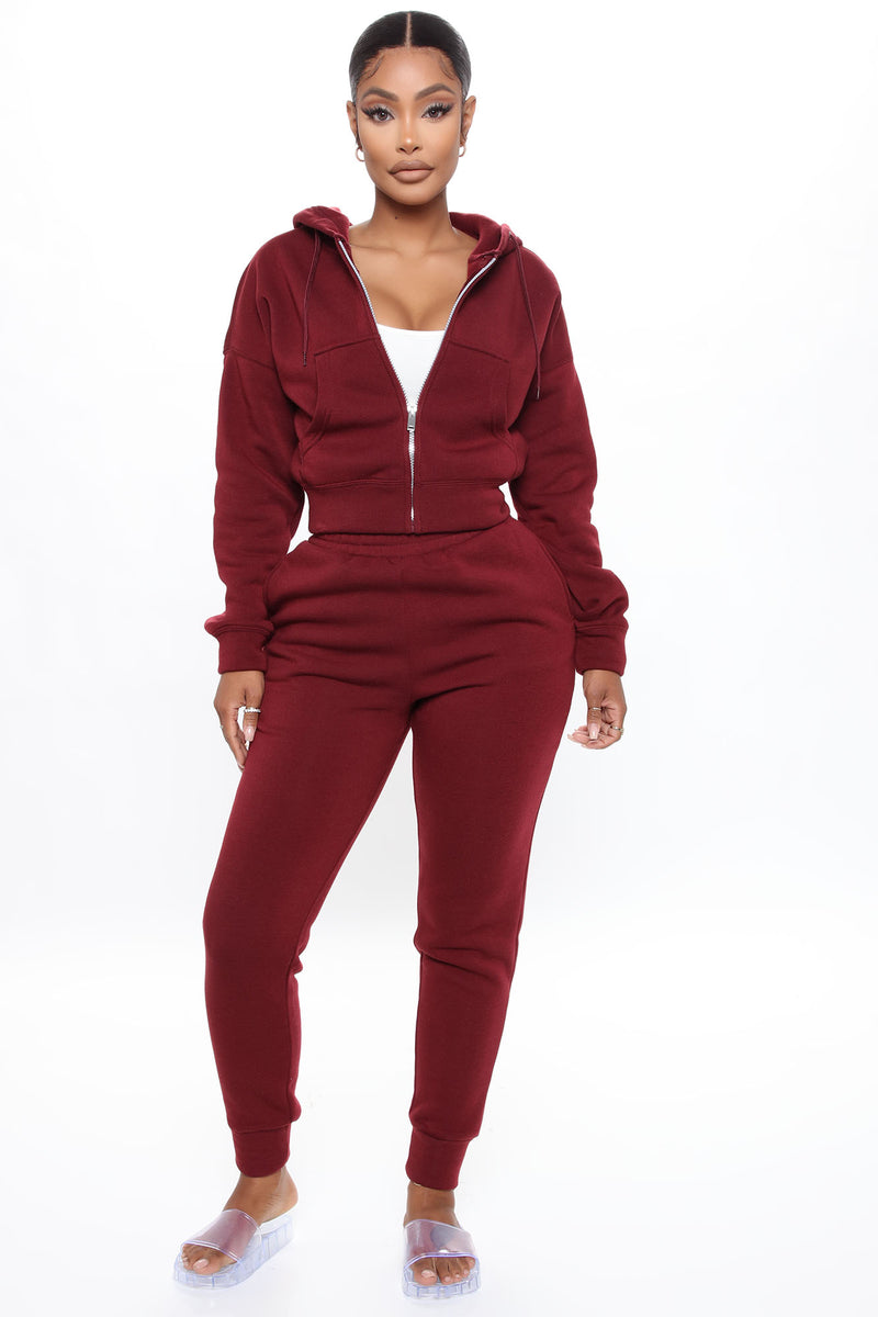 I Got This Zip Up Jacket And Jogger Set Burgundy Fashion Nova