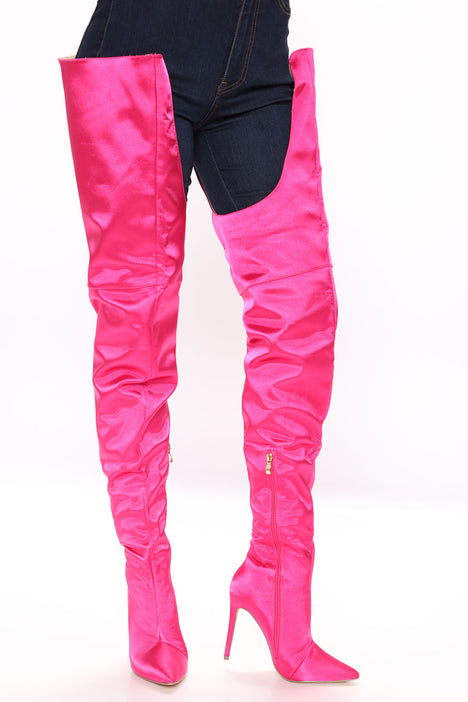 Pink thigh high boots fashion nova sale