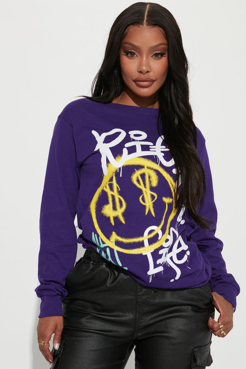 Rich Life Smiley Face Long Sleeve Tee - Purple | Fashion Nova, Screens ...