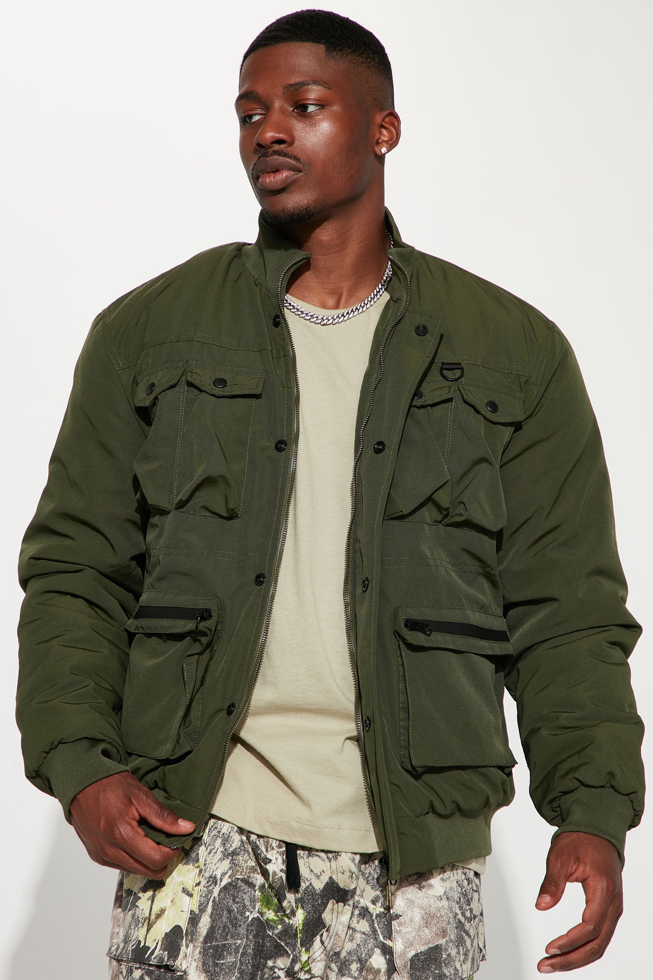 Pockets On Pockets Utility Bomber Jacket Olive Fashion Nova