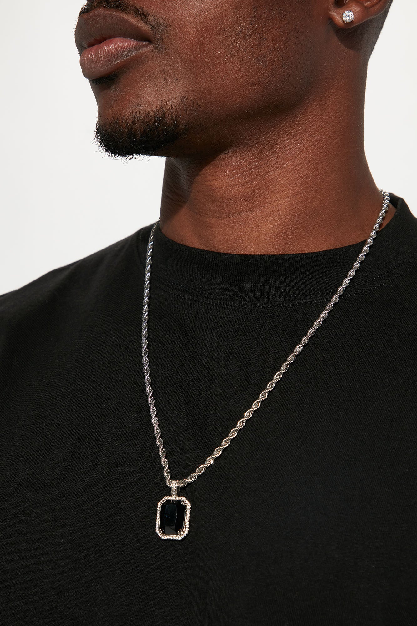 Black Stone Pendant Chain Necklace Silver