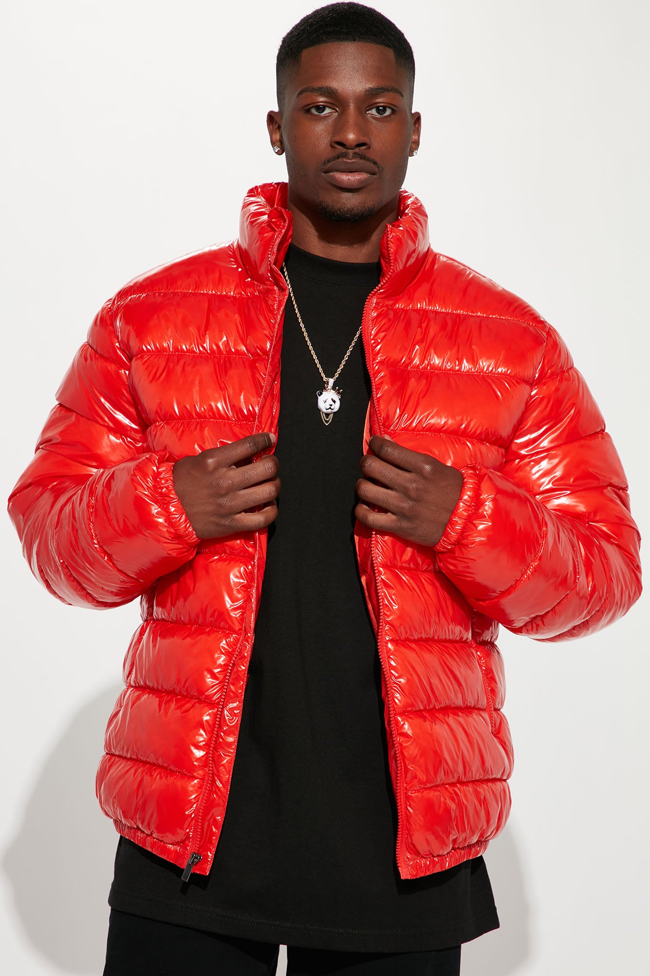 Red puffer jacket shiny top