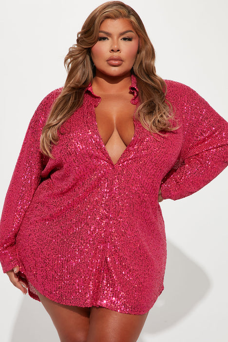 Lumina Sequin Shirt Dress - Hot Pink, Fashion Nova, Dresses