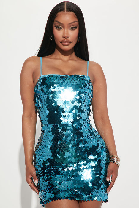 Raining Glitter Sequin Mini Dress - Turquoise, Fashion Nova, Dresses