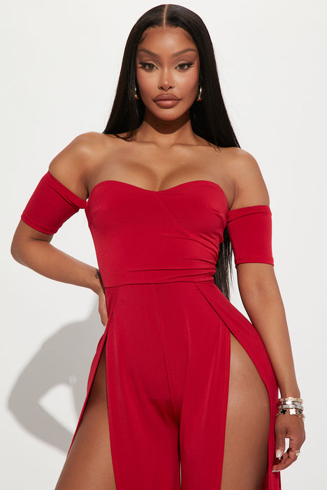 RED JUMPSUIT WITH SLITS