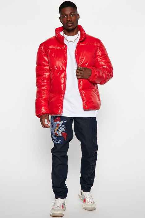 Red shiny bomber jacket 2025
