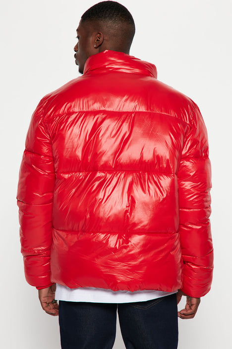 High Collar Gloss Puffer Jacket Red