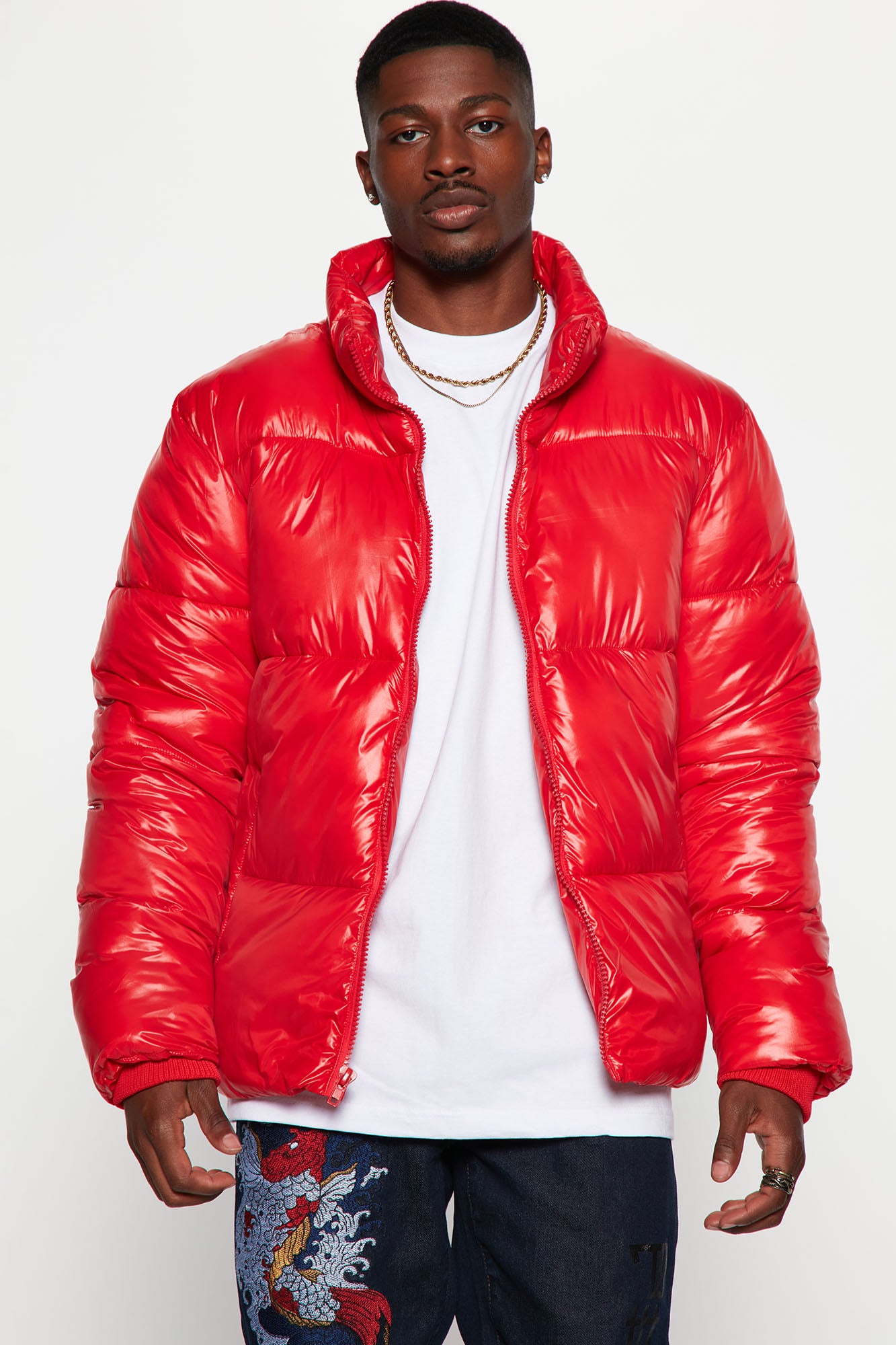 Men's High Collar Gloss Puffer Jacket in Red Size Small by Fashion Nova