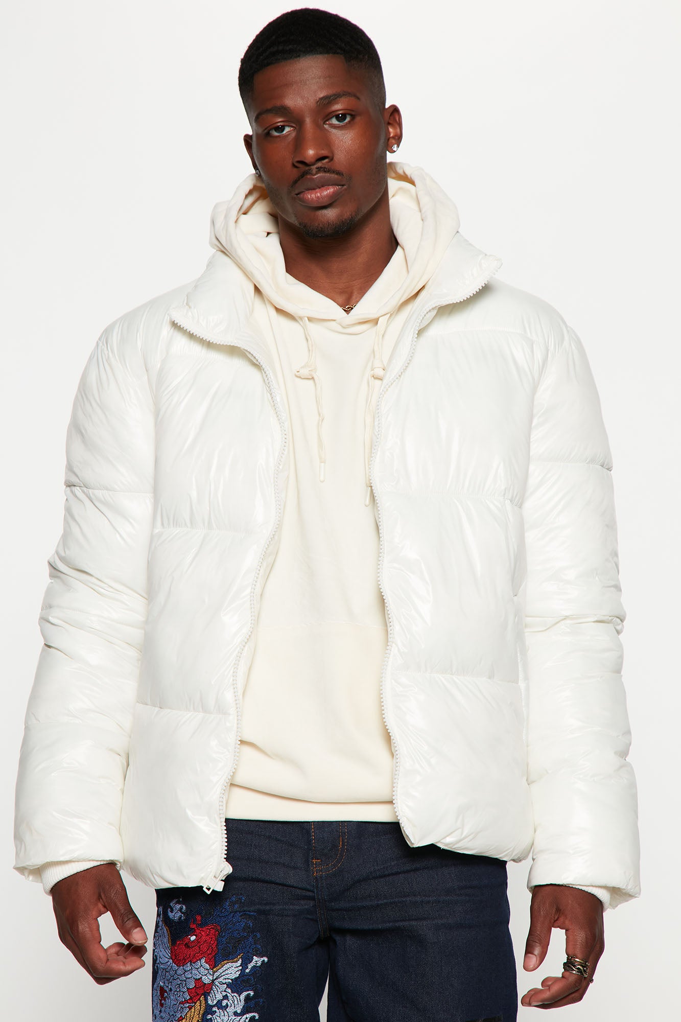 High Collar Gloss Puffer Jacket Off White Fashion Nova Mens