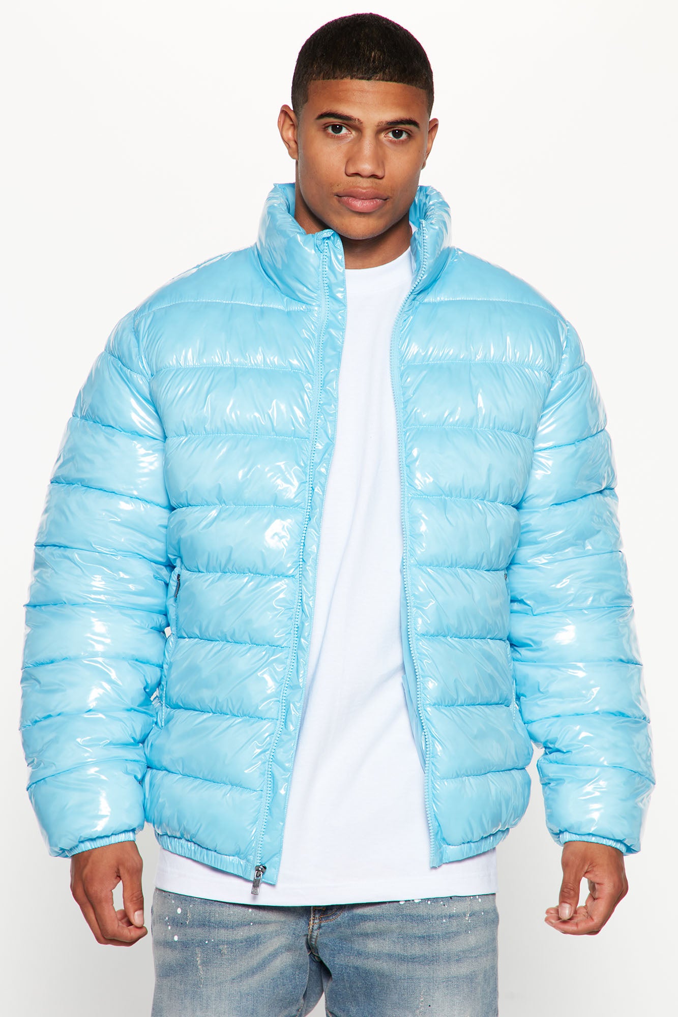Light blue top puffer jacket mens