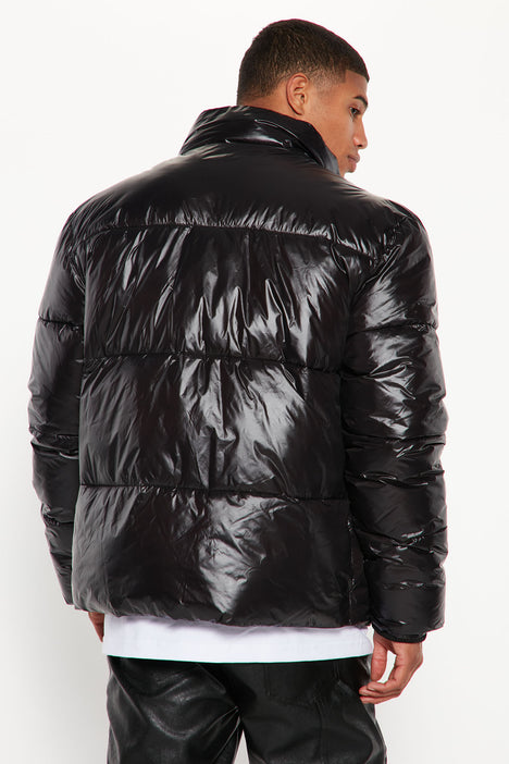 High Collar Gloss Puffer Jacket Black