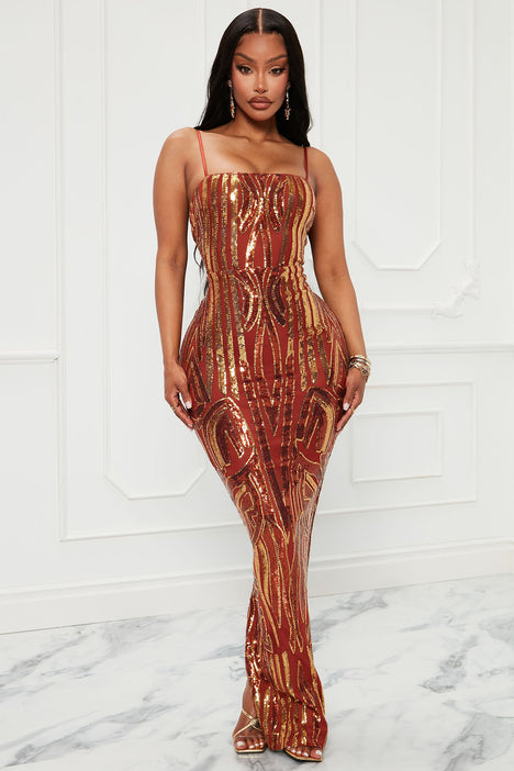 Raise A Glass Sequin Maxi Dress Rust combo Fashion Nova