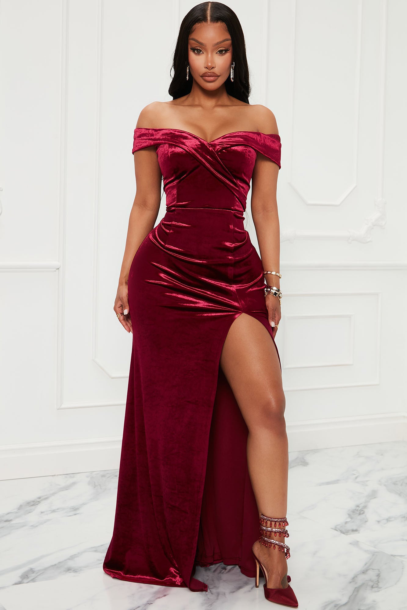 Dark Red Velvet Long Prom Gown, Evening Party Dress With Beadings on Luulla