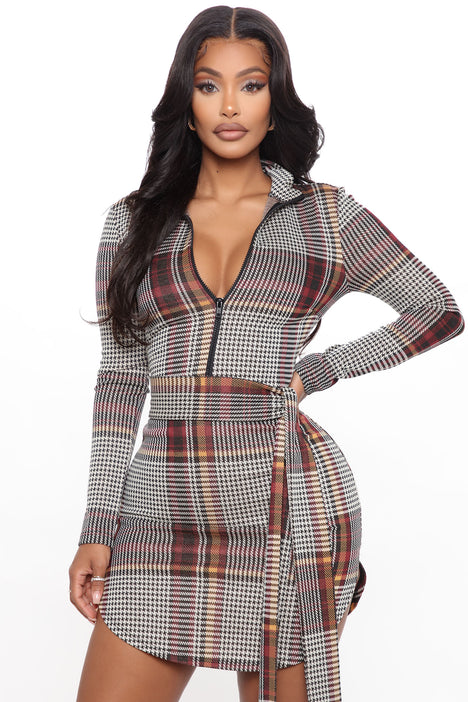 Warm It Up Plaid Mini Dress Burgundy combo