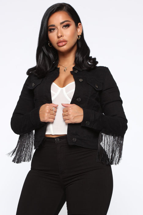 Ynhonra Women Fringe Jacket Casual Black Denim Jacket Button Front