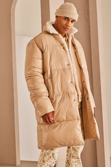 Tan long puffer coat store