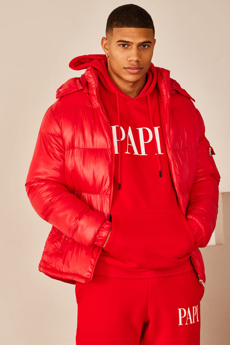 Men's High Collar Gloss Puffer Jacket in Red Size Small by Fashion Nova