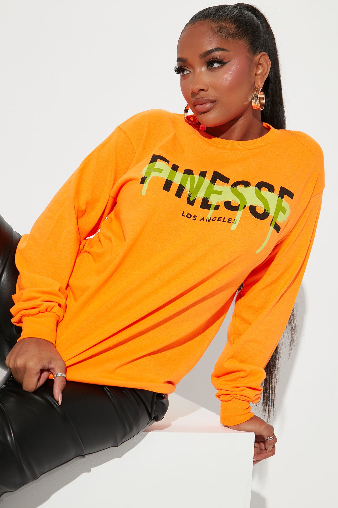 Finesse LA Long Sleeve T Shirt Orange Fashion Nova Screens