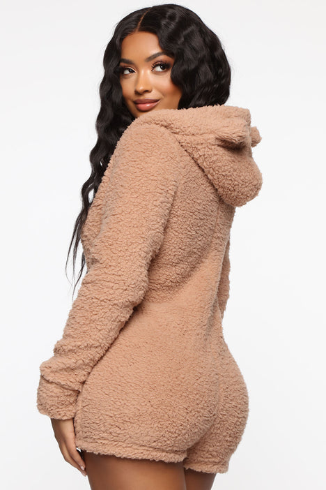 Women's Fuzzy Hooded Jumpsuit Zipper One-Piece Pajama Outfit Long Sleeve  Romper Sleepwear with Cute Bear Ears (Coffee, S) at  Women's Clothing  store