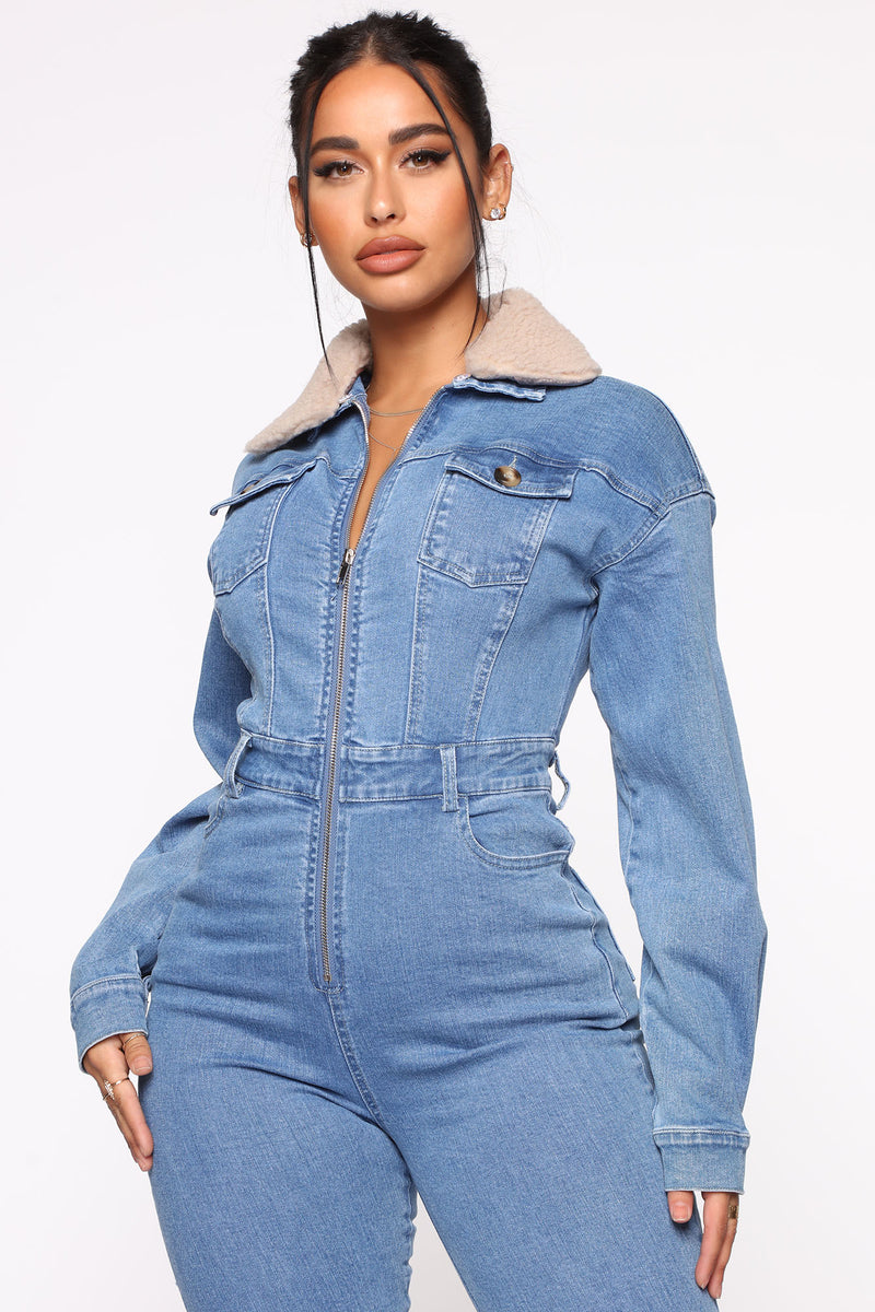 Altitude Sherpa Collar Denim Jumpsuit Medium Wash Fashion Nova, Jumpsuits Fashion Nova