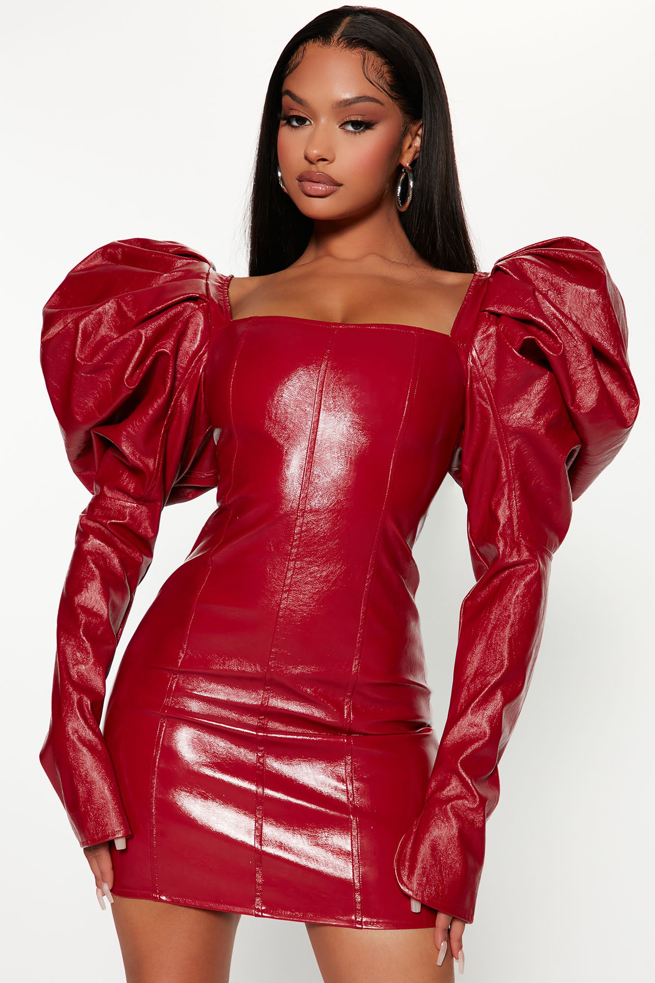 Feben Red Slit Faux-Leather Minidress