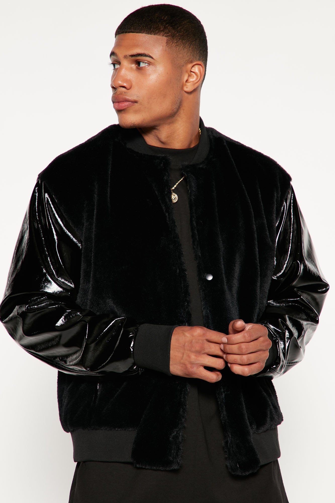 Faux Fur Varsity Jacket black