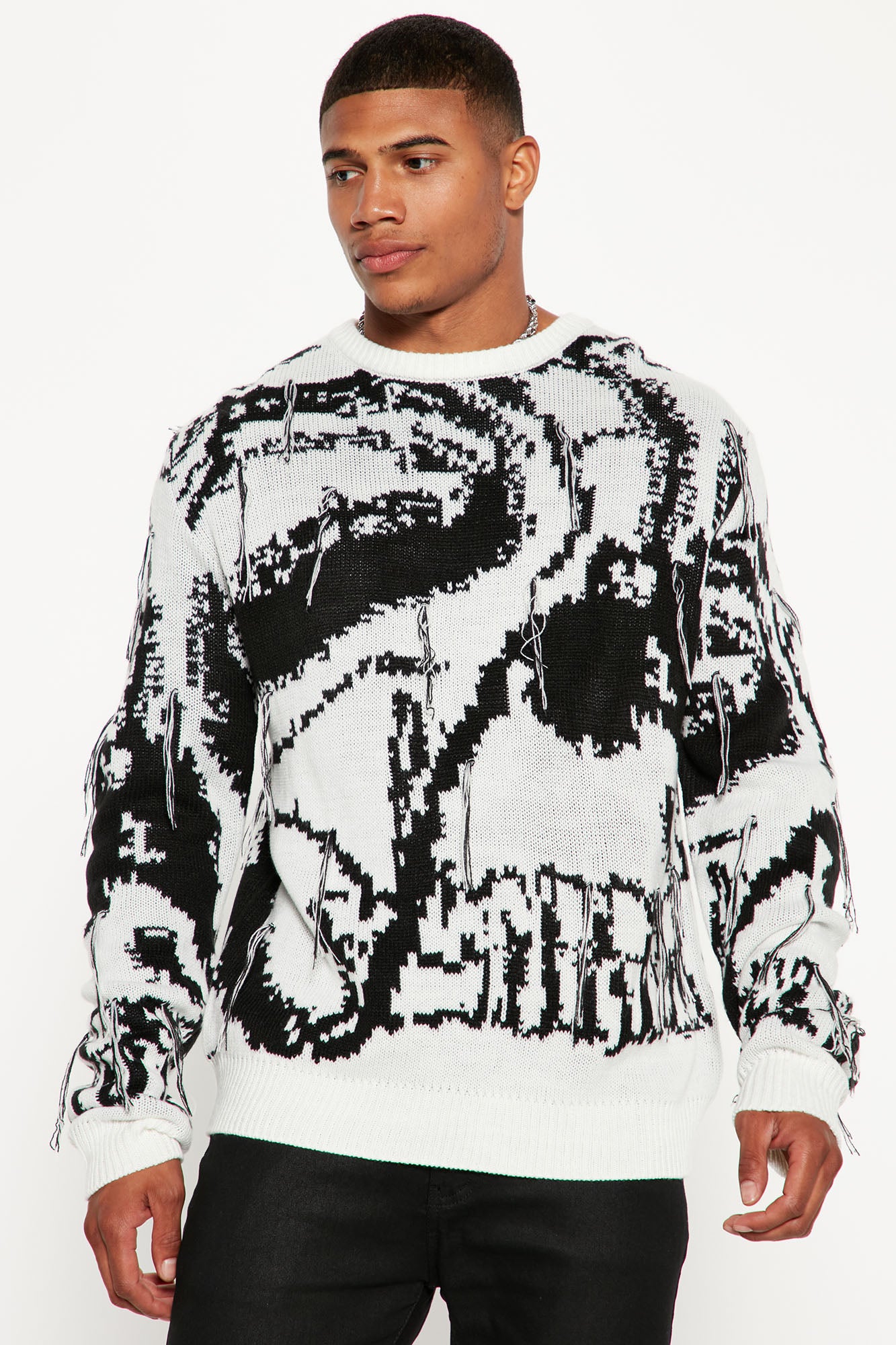 Skull Crew Neck Sweater White combo Fashion Nova Mens